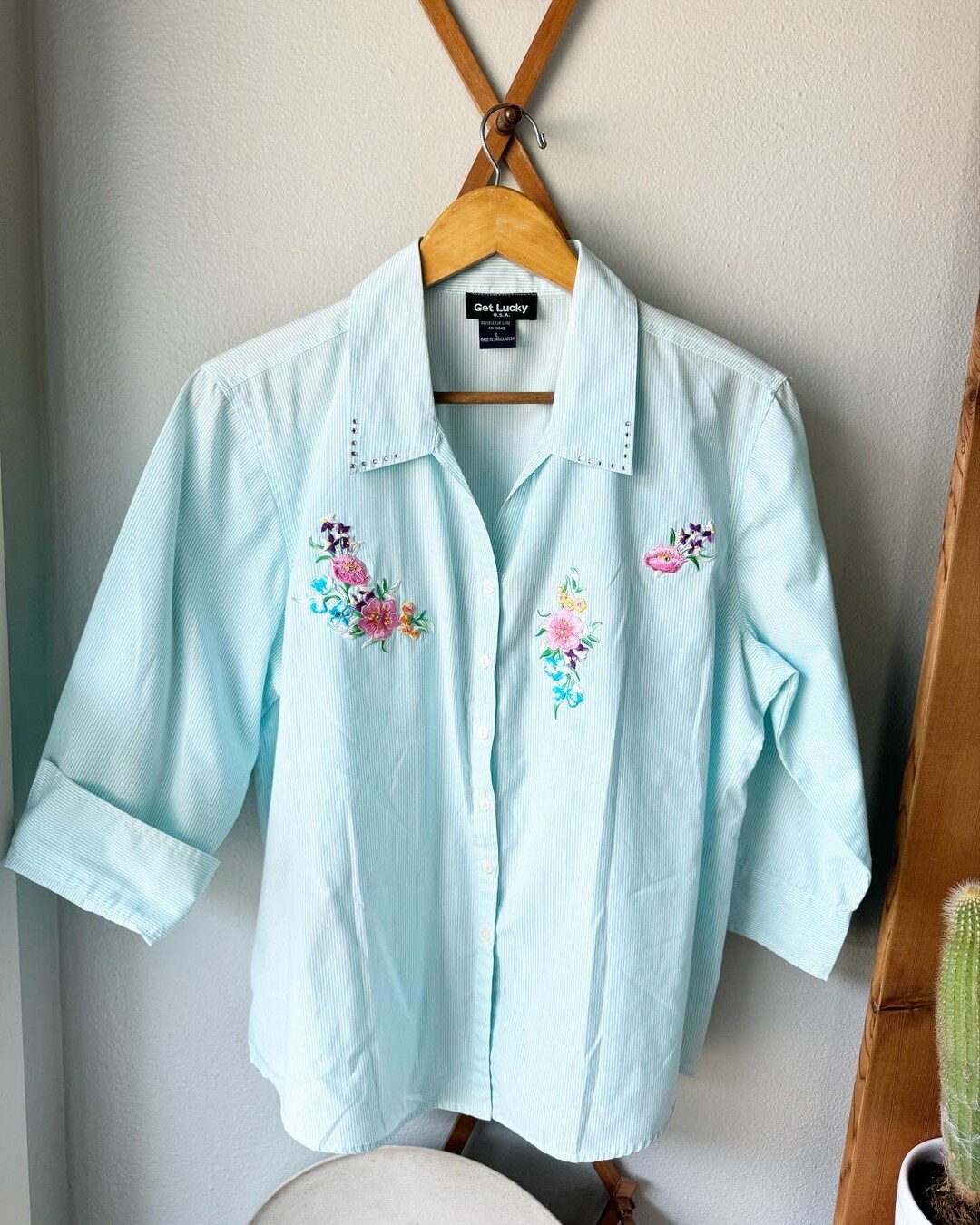 Vintage Striped Large Patchwork Flower Shirt. Diamond Studded
