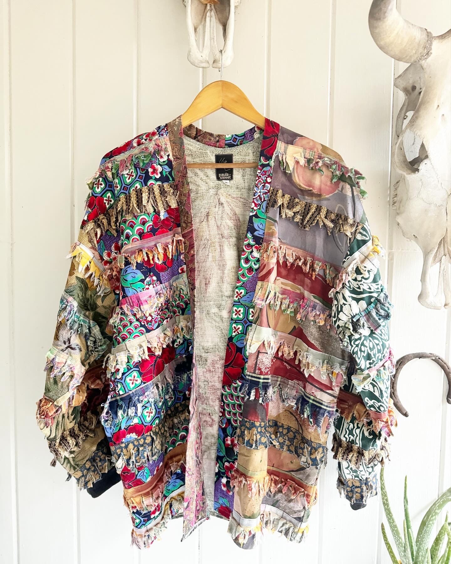Vintage Paula Sweet 1990's Mixed Patchwork Fringe Medium Vintage Paula Sweet 1990's Mixed Patchwork Fringe Medium