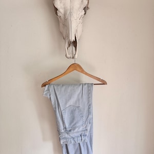 May include: Light blue denim jeans hanging on a wooden hanger. The jeans are folded and display the back pockets and belt loops. A cow skull with large horns is mounted on the wall above the jeans.