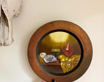 Original Oil Painting on Copper Plate, Still Life, 11.75”Diameter. Gallery Wall. Apples, vase, bowl , grapes, book, blanket,
