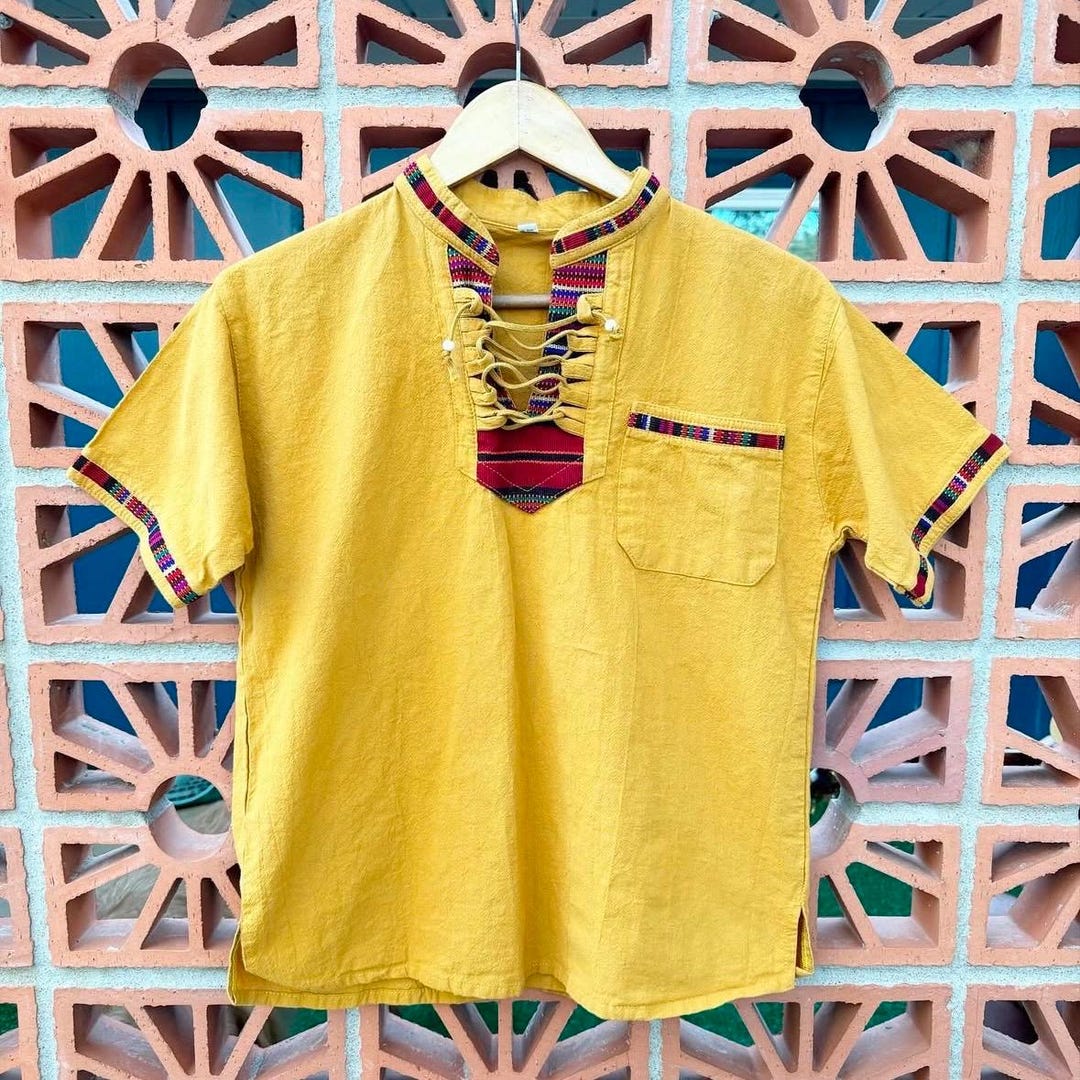 Men’s Mustard Yellow Small Guatemalan Embroidered Draw String Collard ...