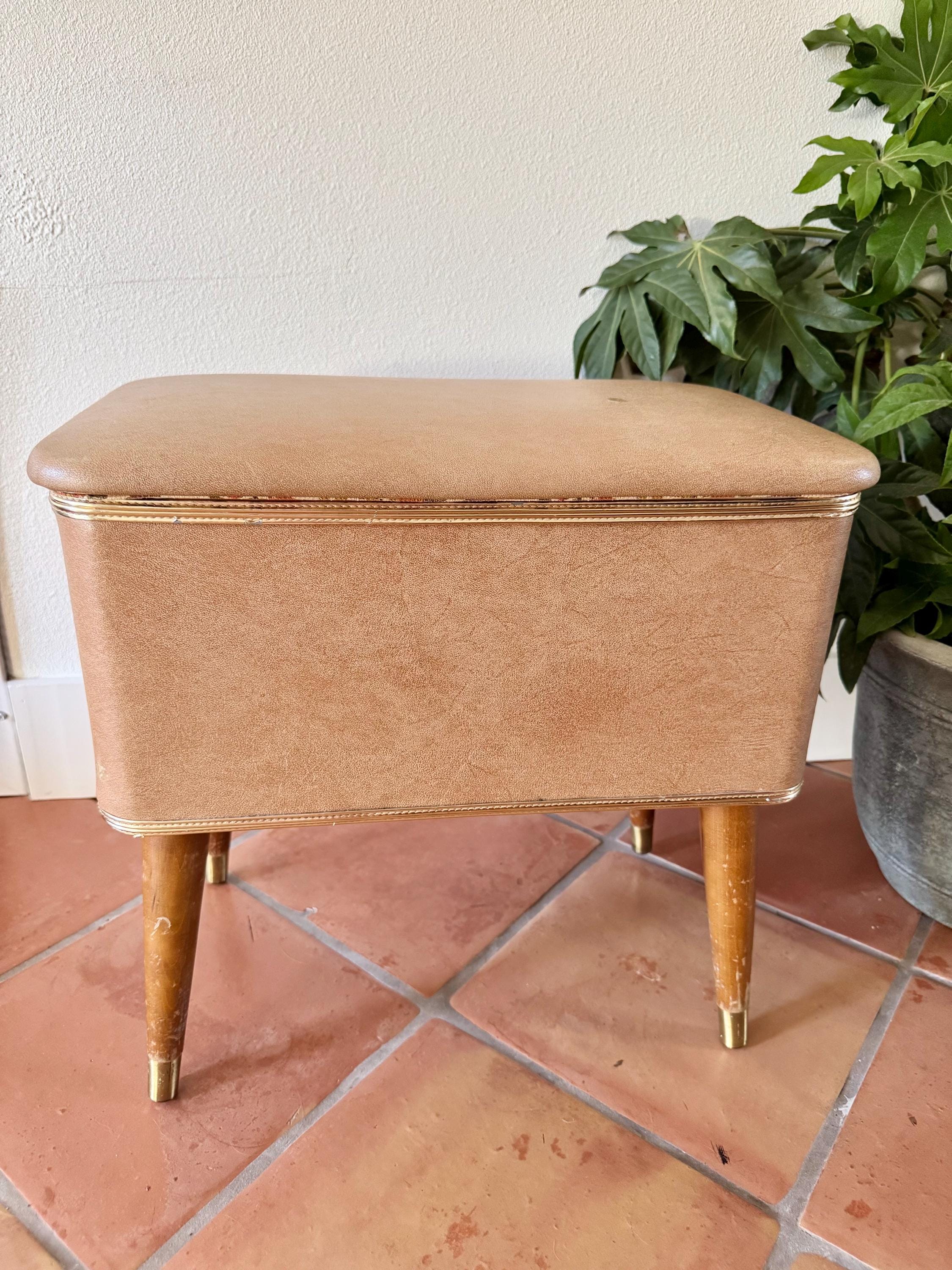 Vintage MCM Hawkeye by Burlington Sewing Basket Foot Stool Ottoman