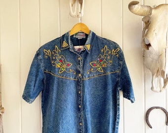 Vintage 1990s Bedazzled Jean Shirt With Faux Pockets and