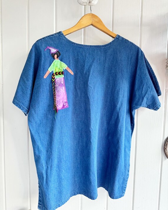 Unique Embroidered Denim Patchwork Brightly Cloth… - image 6