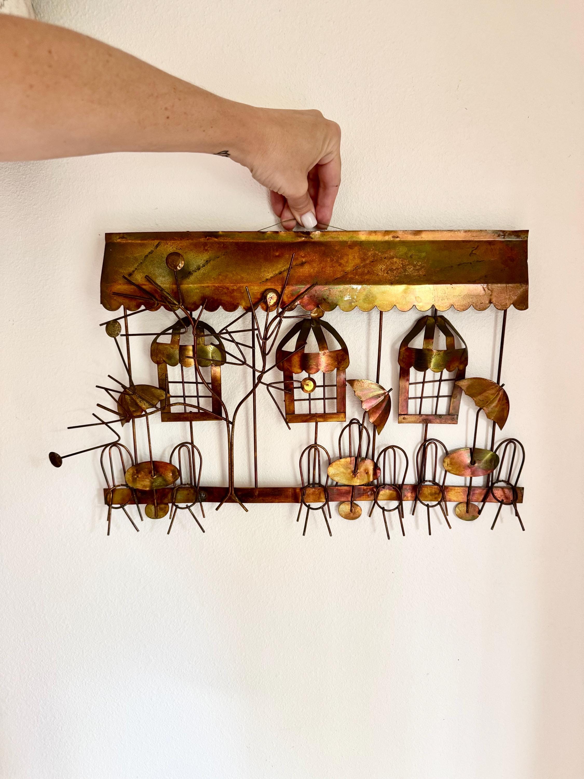 Vintage Brutalist Cafe Wall Hanging // Metal Wire Sculpture Wall