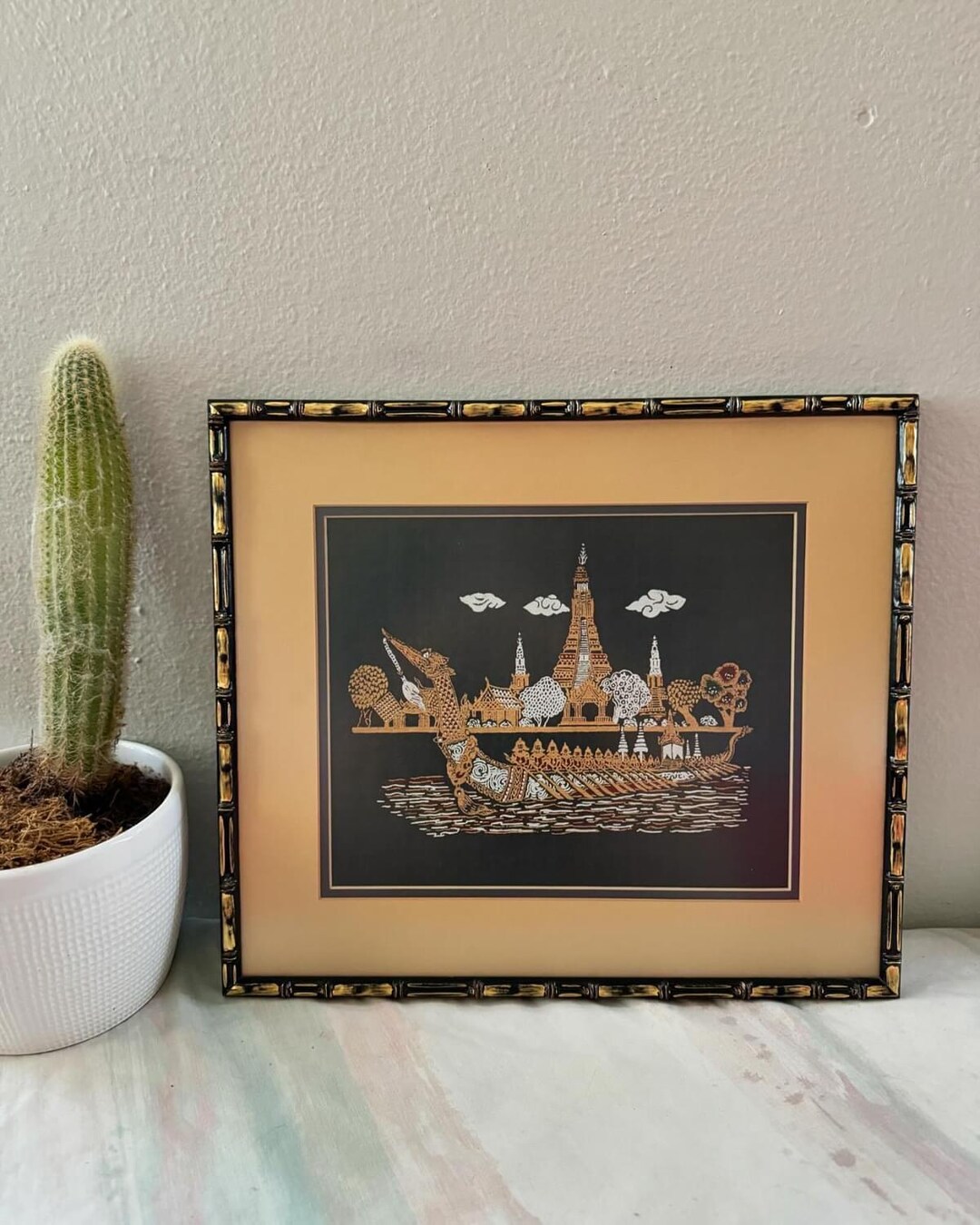 Vintage Thai Silk Painting of Wat Arun in Bangkok. Buddhist Temple