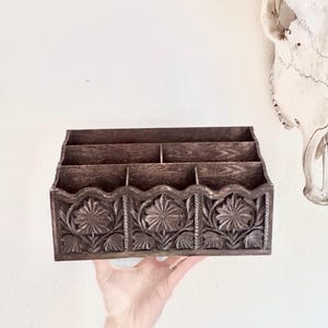 Vintage Lerner 1970s Desktop Faux Carved Wood Mail Bill Holder. 6 Compartment Thermoplastic Mail Organizer.