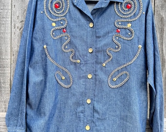Vintage  Medium Rafael Jean Jewel Blouse. Bedazzled, Gem Boho Country Womens Button Down Shirt. Western Vibes.