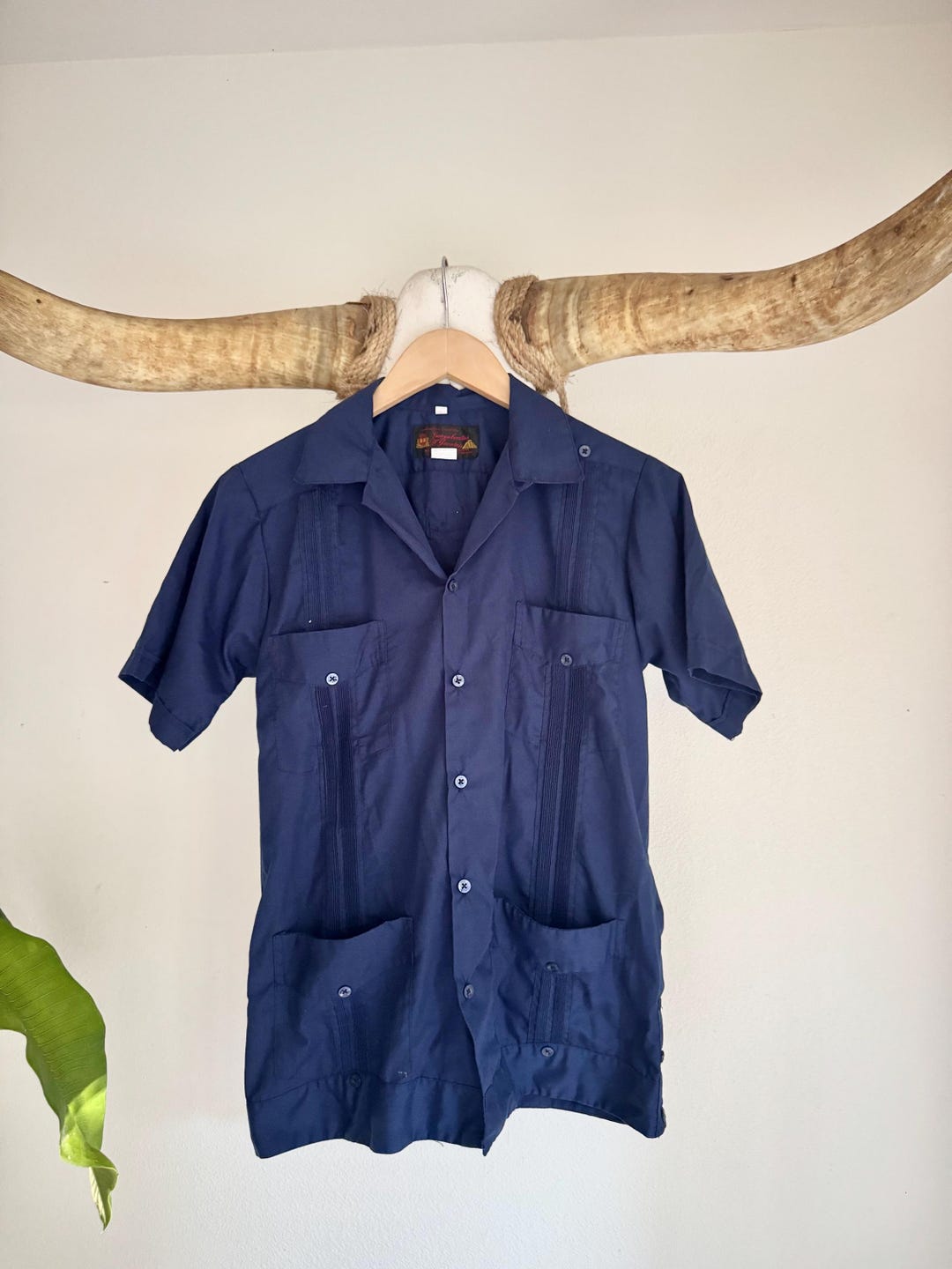 Vintage Blue Mexican Guayabera Embroidered Large 36 Button up
