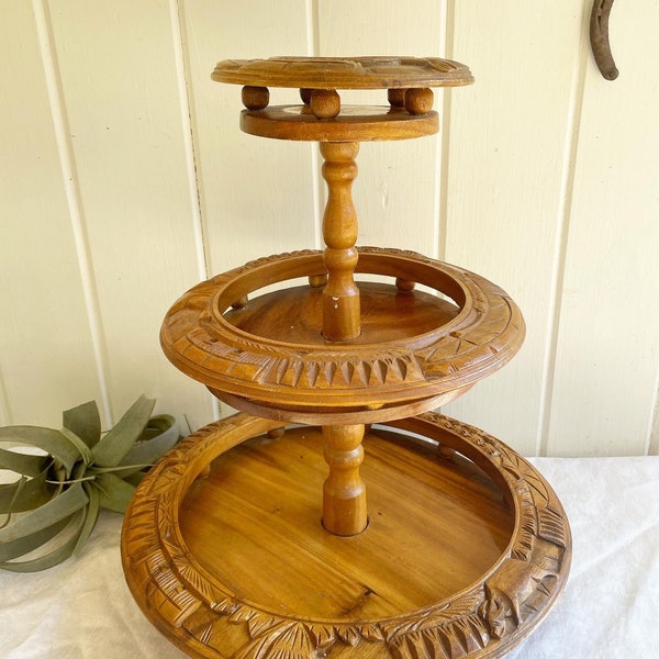 Vintage Philippines Hand Carved Monkey Pod Lazy Susan. Vintage Mid Century Modern Tiki Monkey Pod Three Tier Lazy Susan Server, Luau Party,