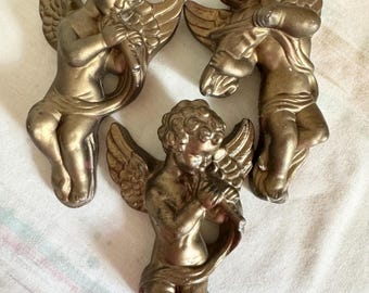 Vintage Chalkware Angel Wall Plaques / Gold Cherub Ornaments / Spiritual Gifts / Christmas Decor / Guardian Figures / Set of 3