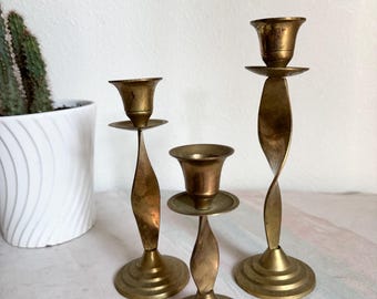 Vintage Three Brass Spiral Taper Candle Holders, Mid century modern, Cottage Core,