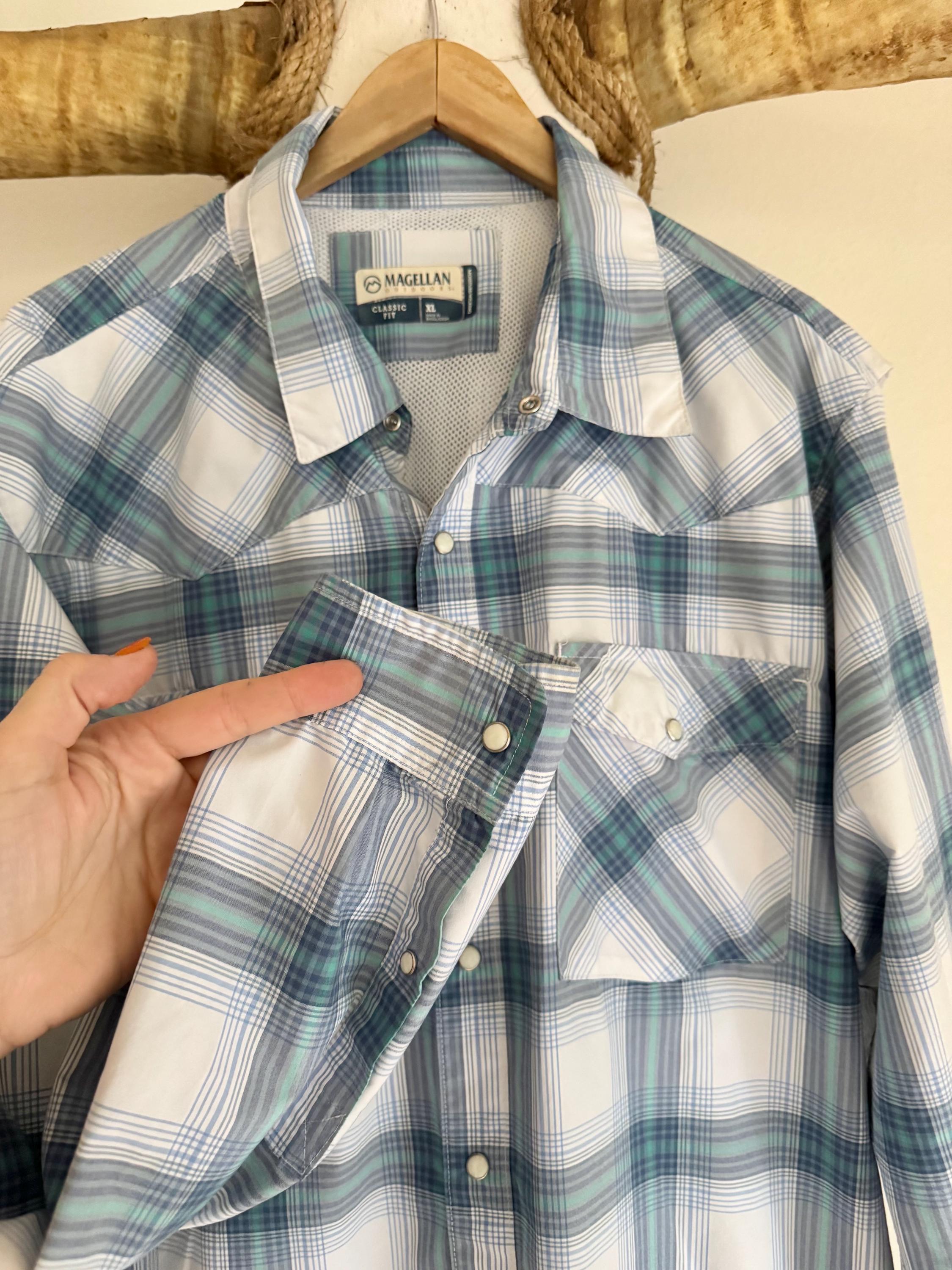 magellan dress shirts Magellan Outdoors Western Long Sleeve Men's Shirt Pecos Ridge Classic Fit,  Moisture Wicking Nylon XL. Pearl Snap. Chest Pockets With Snaps