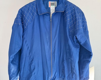 Vintage EVR Windbreaker Royal Blue Jacket Small Silk with gold metal zipper and gold beads.