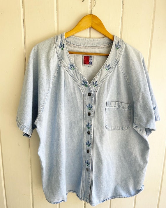 Handpainted Blue Bonnets on a Vintage Denim Shirt… - image 1