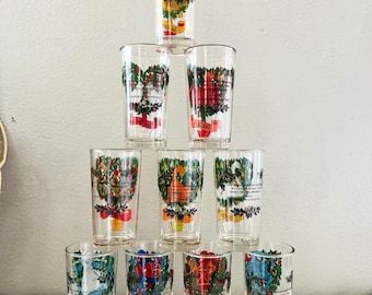 SOLD: 1,2, 3, 4,5,  8,  9, 10 and day 11.. Vintage Indiana Glass Twelve Days of Christmas Glasses.  Selling individually.