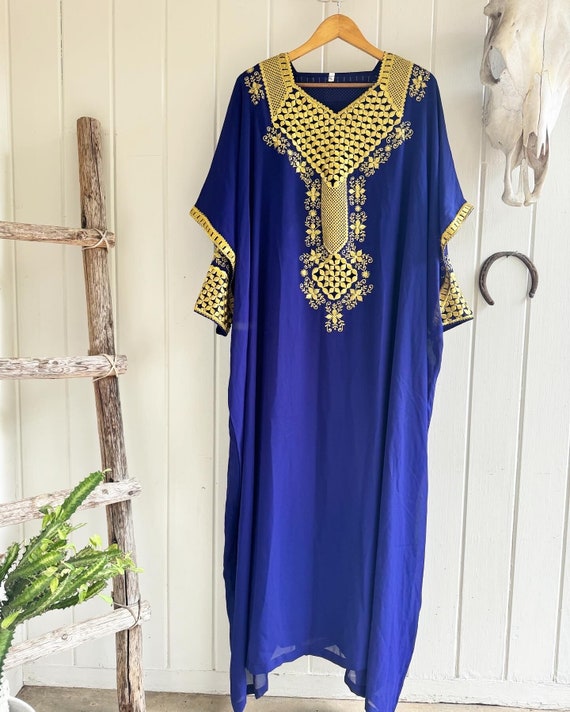 XL Boho Kaftan Blue with Hold Embroidered Dress. … - image 4