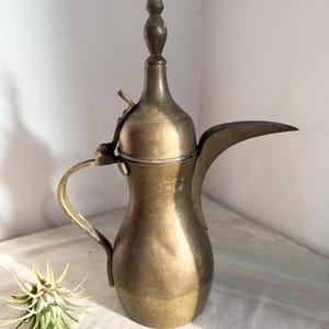 May include: A brass Arabic coffee pot with a spout and a handle. The pot has a decorative finial on the lid.
