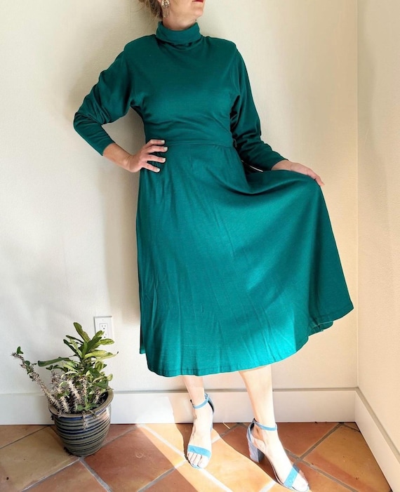Vintage Howard Wolf Green/Turquoise High Neck Long Sleeve Dress. Winter Fall Green Dress. Waist Stretches.