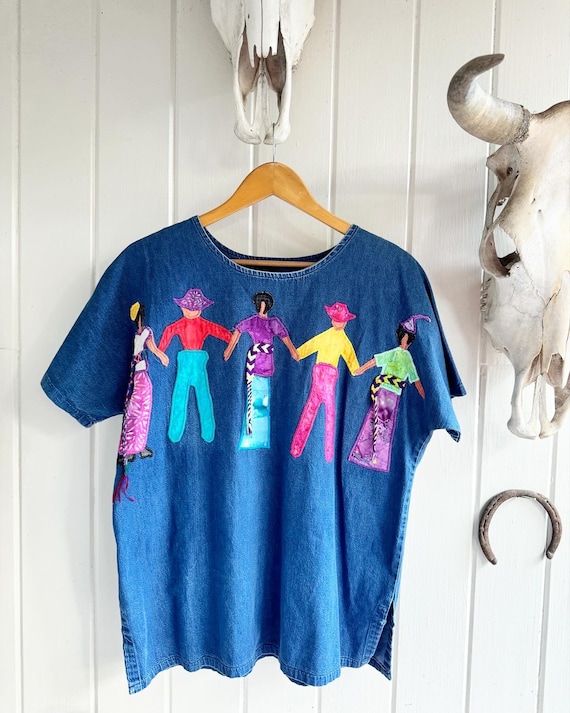 Unique Embroidered Denim Patchwork Brightly Cloth… - image 1