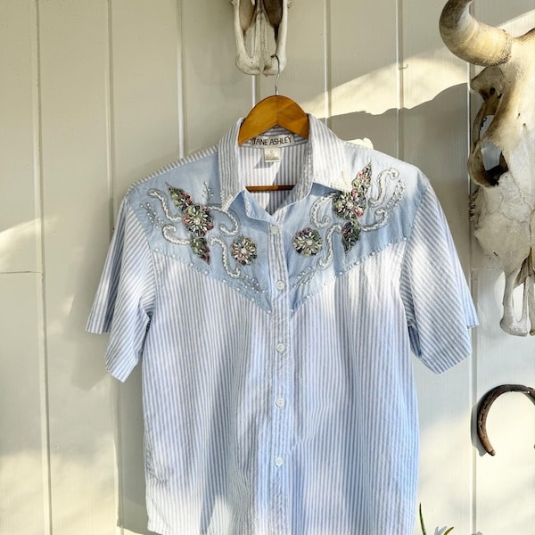 Beautiful Vintage Pearl and Bead Embroidered Blue and White Striped Shirt by Jane Ashley. Floral Button Down Large Pearl Bedazzled Blouse.