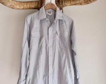 Vintage Pearl Snap Shirt Men's 16x34 USA 90s Cowboy Rancher Western shirt. Ruddock Eyre  Shirt. Country. Western. Rancher. Extra long tail.