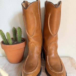 May include: A pair of brown leather cowboy boots with pointed toes and white stitching. The boots have a tall shaft and a classic western style.