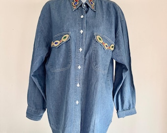 Vintage American Rare Denim Shirt Women's Size Large Long Sleeve Beaded Patchwork Blouse. Detailed and unique!