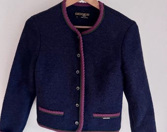 Geiger Vintage Austria 36 US Tyrolean Boiled Wool Jacket  Blazer  Blue with maroon and green lining.