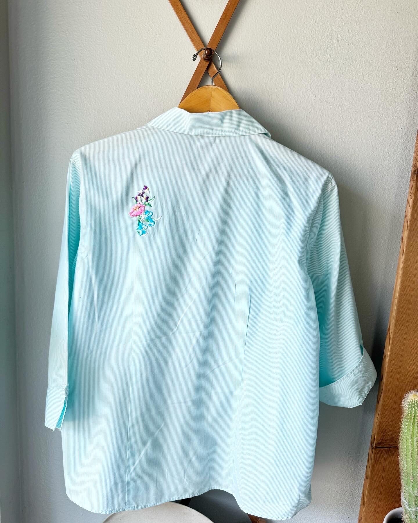 Vintage Striped Large Patchwork Flower Shirt. Diamond Studded