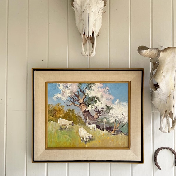 Vintage Ken Dore Original Oil Painting. Sheep and Apple Tree Large Painting. 20th Century Art.