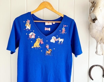 Vintage Quacker Factory Embroidered Patchwork USA Flag Dogs. Dog Lover Independence Day 4th of July Shirt.