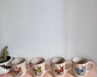 Vintage 1970's Set Of Four Retro Speckled Ceramic Colorful Butterfly Mugs. Boho.