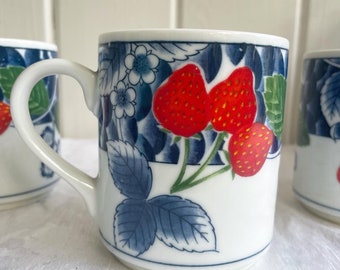 Set of 3 Vintage Strawberry Mugs. Blue, green, and red Fruit mugs.