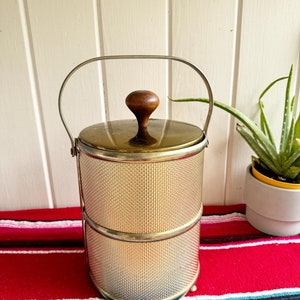 Vintage MCM Heavy Gold Metal Woven Ice Bucket with Handle and Lid. Stock the Bar. Bar Cart Gift.