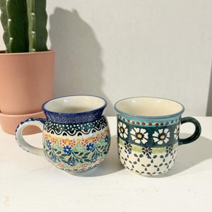 Vintage Pair of Polish Pottery Mugs. Uninkat J. Palka Bubble Mug.