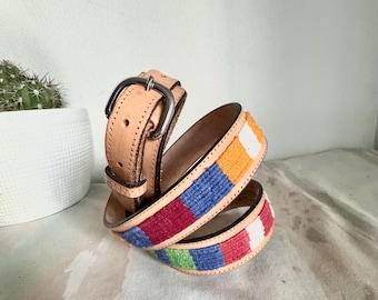 Vintage Dun Dee 478 Leather Belt with Colorful Woven Tapestry. Guatemalan Style. Size 39. Cowhide. Western. Aztec. Metal Buckle.