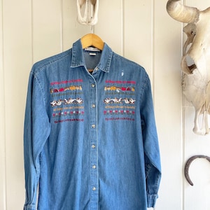 Vintage Maggie and Max Embroidered Duck, Vegetable, and Flower Denim Small Long Sleeve Shirt.