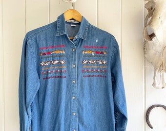 Vintage Maggie and Max Embroidered Duck, Vegetable, and Flower Denim Small Long Sleeve Shirt.