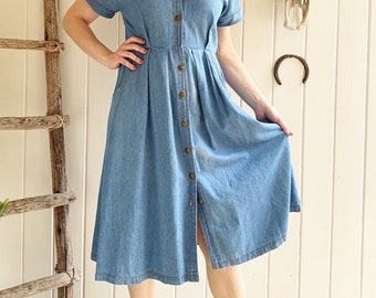 Vintage Denim Button Up Dress By Studio Ease Clothing Company. Cotton. Petite 14.