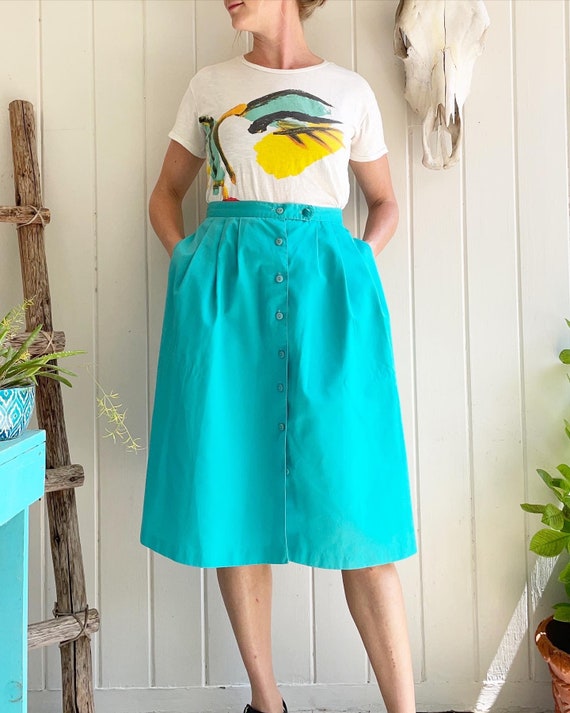 Vintage Turquoise Button Up Skirt. Teal Skirt. Bu… - image 1