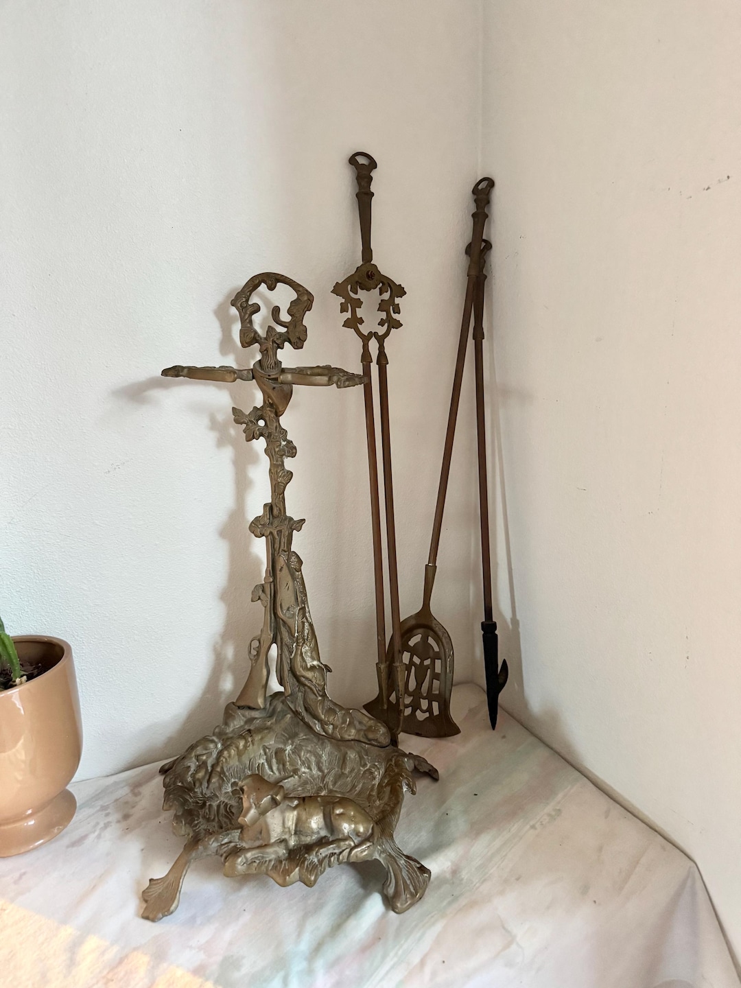 Antique French Brass Fireplace Hearth Tool Set Hunting Theme Game