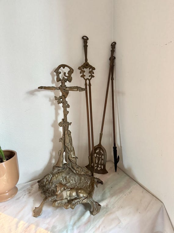 Antique French Brass Fireplace Hearth Tool Set Hunting Theme Game