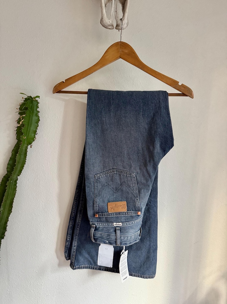 May include: Blue denim jeans hanging on a wooden hanger. The jeans have a classic five-pocket design, a brown leather patch with the brand name, and a straight leg fit. The jeans are displayed against a white wall with a cactus and a decorative element.
