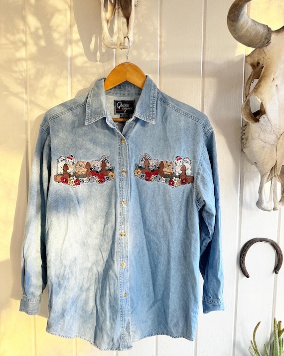Chemise Vintage Quizz Femme - Taille 22 - Denim Brodé Ours Et Limonade - Occasion Très Bon état