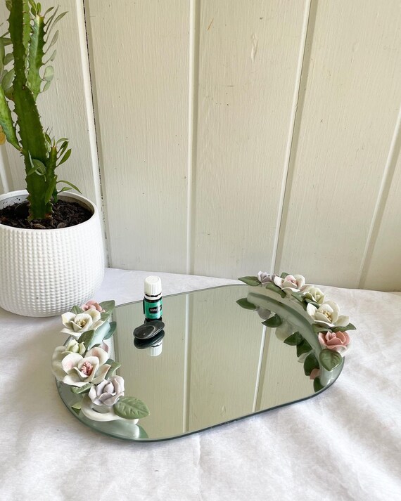 Vintage Oval Vanity Mirror With Porcelain Pastel Flowers and Etsy