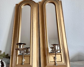 Vintage gold plastic framed mirror candle holder wall sconces set. Home interiors. Mid Century Home interior. Hollywood regency.