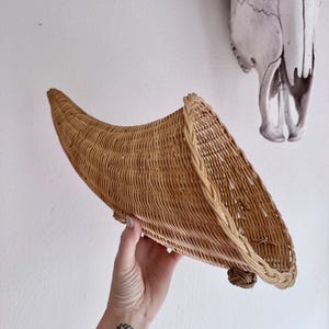 May include: A woven wicker basket with a curved, horn-like shape. The basket is a light brown color and appears to be handmade. The basket is held in a person's hand.