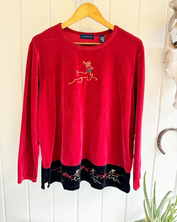 Vintage Red and Black Velvet Reindeer and Holly Ho