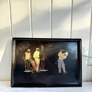 Mid Century Modern COUROC of Monterey CA Black Resin Brass Inlay Golfers Tray. Man cave. Golf gift. Drink Tray.